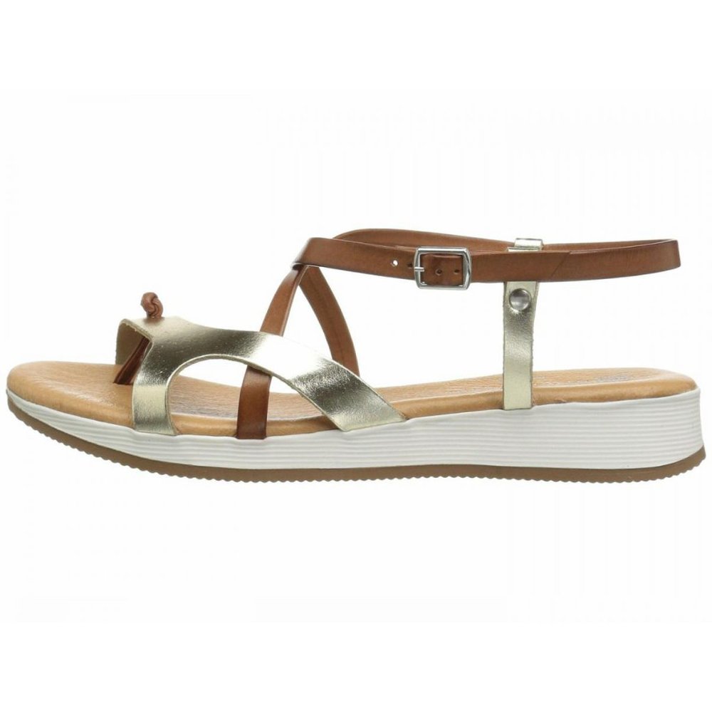 NEW Eric Michael Women Tan Gold Leather Platform Strap Buckle Thong Comfort - Picture 2 of 7